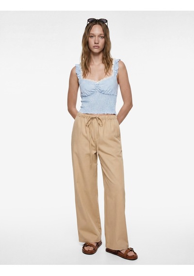 Koton Geniş Yaka Kolsuz Fırfırlı Gipeli Crop Bluz Mavi Ekose 6sal60016ıw