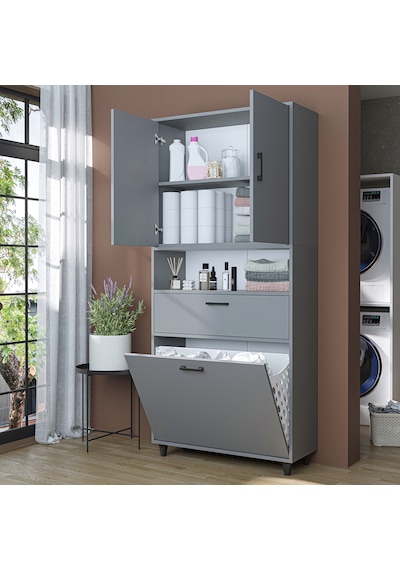 Çamaşır Sepetli Banyo Dolabı, Çok Amaçlı Dolap 90 X 200, Roomart Kül Gri
