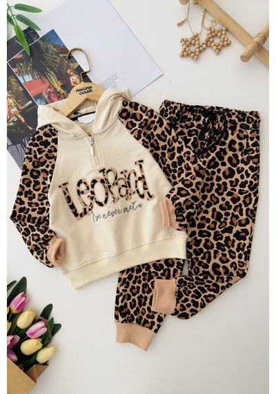 Miniğimin Cicileri Leopard Kapüşonlu Kız Çocuk Leopar Eşofman... Krem