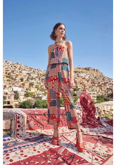 Angbutik Etnik Desenli Saten Tulum Renkli Geometrik
