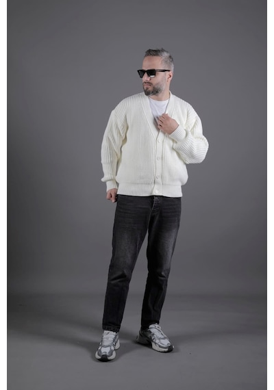 Dokulu Oversize Erkek Kalın Hırka Bej