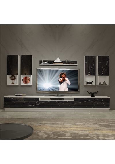 Decoraktiv Trendstyle 8das Mdf Tv Ünitesi Tv Sehpası Beyaz - Siyah Mermer