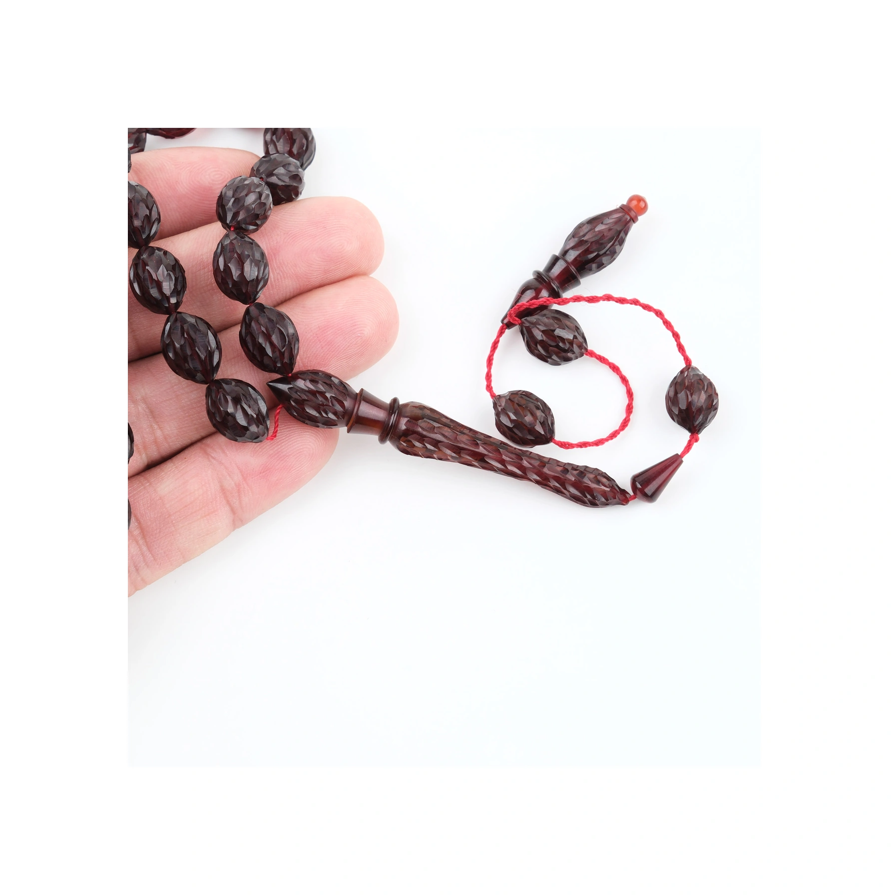 Ateş Kehribar Kalem İşçilikli El İşlemli Beyzi Kesim 9x11mm Tesbih Kahverengi
