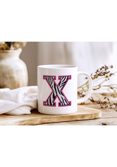 X Harfi Zebra Deseni Ve Pembe Kenarlı Kupa Bardak - Kişiye Özel Nakış Efektli - Siyah Beyaz Pembe Beyaz