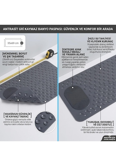 Antrasit Gri Kaymaz Banyo Paspası - 35x69 Cm Vantuzlu Duş Matı, Ayak Masajlı Ve Temizleme Dokulu, Antibakteriyel Ve Genel