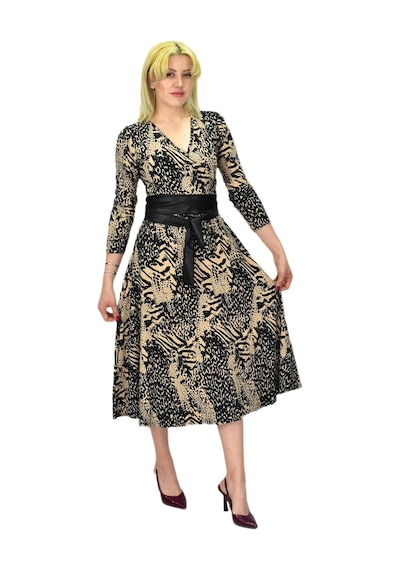 Kadın Viskon Leopar Desenli V Yaka Elbise Bgl-st03536 001