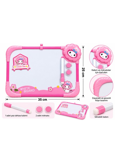Çocuklar Için Renkli Çerçeveli Beyaz Yazı Tahtası Kalem Ve 2 Mıknatıslı Eğitici Çizim Tahtası 35x25 Cm Pembe