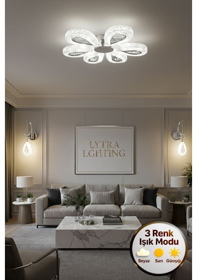 Damla Model 6 "lı Gümüş 3 Renk Modu Ledli Modern Tavana Sıfır Salon Mutfak Yatak Odası Led Avize Altın
