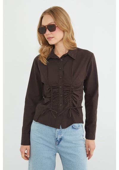 Fullamoda Önü Büzgülü Slim Fit Gömlek Kahve