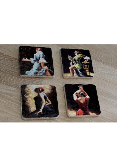 İspanyol Dansçı Kadınlar Doğal Taş Bardak Altlığı 4'lü Set - Natural Stone Coasters - Taş Çok Renkli