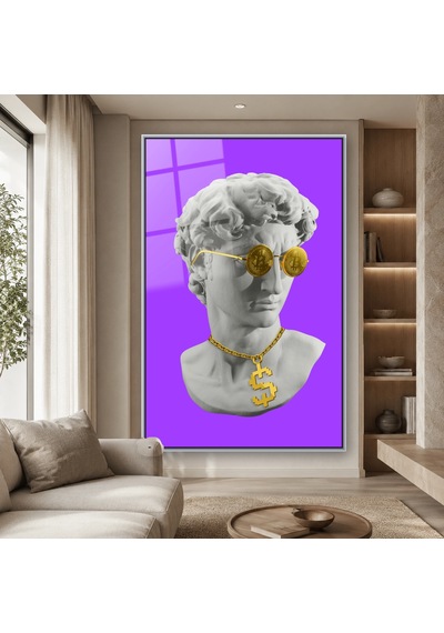 Altın Para Gözlüklü Pop Art Büst Gümüş Çerçeveli Cam Tablo