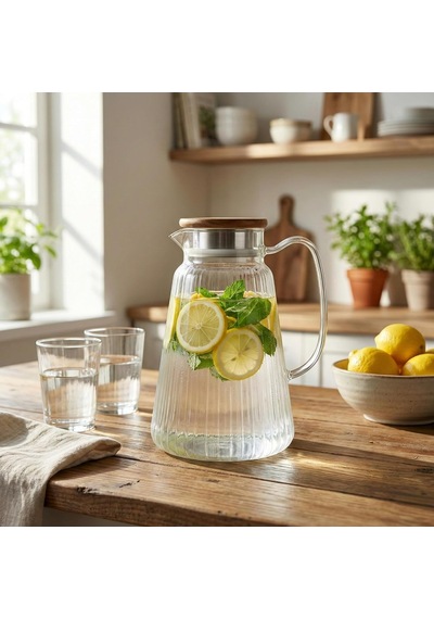 Akasya Kapaklı Borosilikat Cam Sürahi - 4 Farklı Model Ve 1.8 Lt Ve 2 Lt Büyük Boy Seçenekli Isıya Dayanıklı Meşrubat Ve Su Karafı İnce Çizgili Konik 1.8 Litre