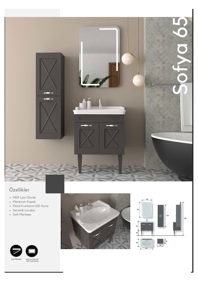 Evros Sofya 65 cm Banyo Dolabı Antrasit - Gri