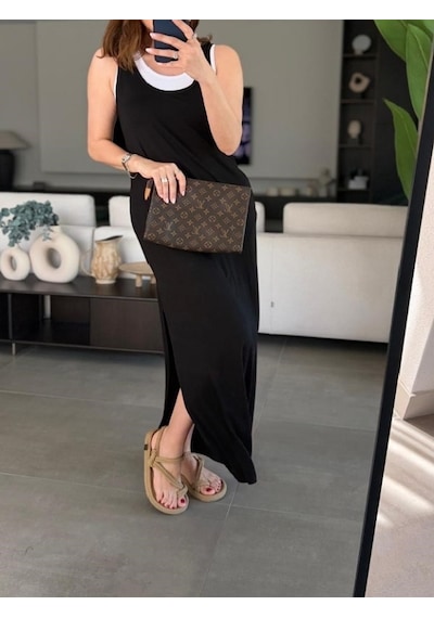 Mirve Butik İkili Yırtmaç Detaylı Viskon Elbise Siyah - Beyaz