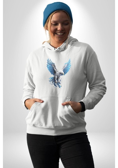 Mavi Beyaz Kartal Kuş Kadın Erkek Beyaz Kapüşonlu Sweatshirt Hoodie Beyaz Mavi Beyaz Kartal Kuş Kadın Erkek Beyaz Kapüşonlu Sweatshirt Hoodie Beyaz