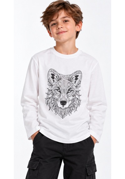 İrem Erkek Çocuk Kurt Desenli Uzun Kol Ekru Renk Penye İnce Sweatshirt