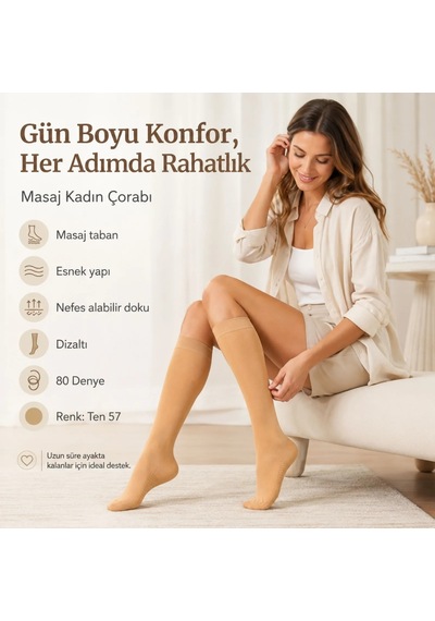 Genel Kadın 3'lü Anne Masaj Tabanlı Dizaltı Çorap 80 Denye Esnek Rahat Günlük Kulla Ten / 36-40 / 3 Adet