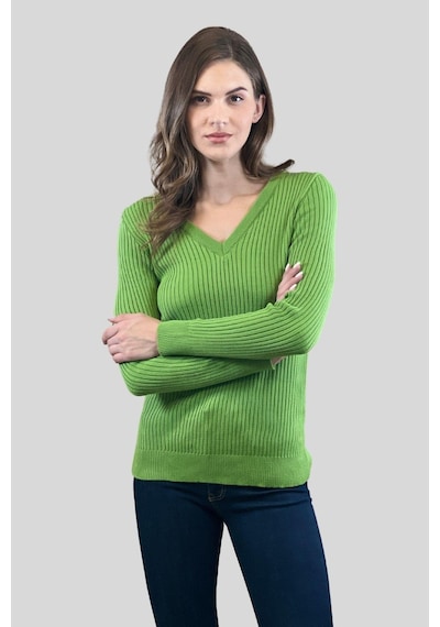 Miss Poem Kadın V Yaka Slim Fit Fitilli Uzun Kışlık Ekru Triko Kazak Yeşil
