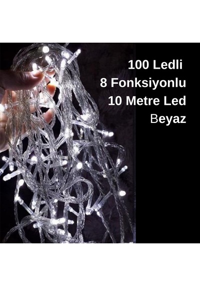 100 Ledli 8 Fonksiyonlu 10 Metre Beyaz Dekoratif Led Aydınlatma Işık 10 Metre