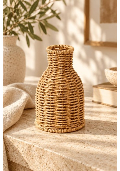 Atbyhome Doğal Hasır Rattan Çiçek Vazosu 16 Cm - Masa Üstü Dekoratif El Örgüsü Küçük Kuru Çiçeklik Vazo Kahverengi