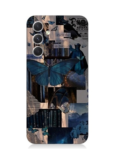Samsung Galaxy S23 Fe Uyumlu Mavi Kelebekler Ve Gazete Desenli Silikon Kılıf