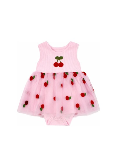 Bebegen Kız Bebek Pembe Kırmızı Kiraz Nakışlı Tüllü Zıbınlı Elbise