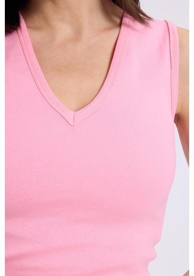Tudors Kadın Slim Fit Dar Kesim V Yaka Sıfır Kol Pamuklu Ribanalı Pembe Bluz-38837 Pembe