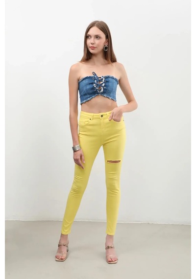 Kadın Yırtık Detaylı Jean Pantolon Sarı 001