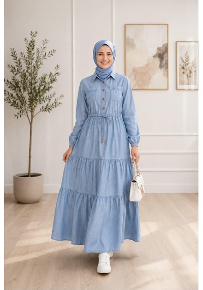 Hb Harma Time Butik Kadın Düğmeli Cepli Bağcıklı Tensel Kumaş Açık Mavi Kot Elbise Hb Harma Time Butik Kadın Düğmeli Cepli Bağcıklı Tensel Kumaş Açık Mavi Kot Elbise