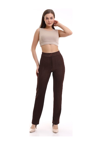 Winmoda34 Yüksek Bel Çimalı Palazzo Kumaş Pantolon Nevrulu Çizgili-kahve