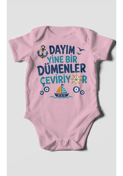 Morivokids Dayım Yine Bir Dümenler Çeviriyor Kısa Kollu Bebek Body %100 Pamuk Koyu Pembe