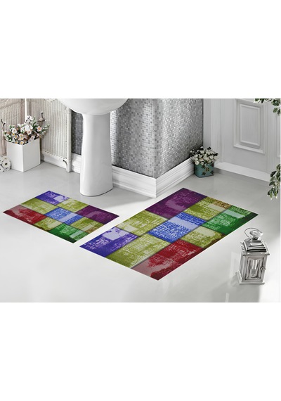 Dijital Baskılı Su Emici Kaymaz İkili Banyo Paspası 40/60cm -60x100cm Çok Renkli