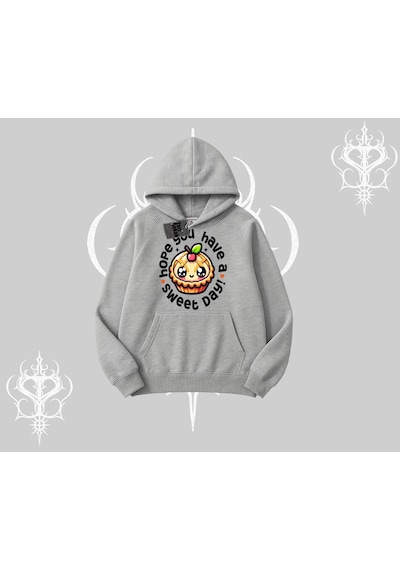 Sweet Day Cupcake Baskılı Kapşonlu Sweatshirt Gri