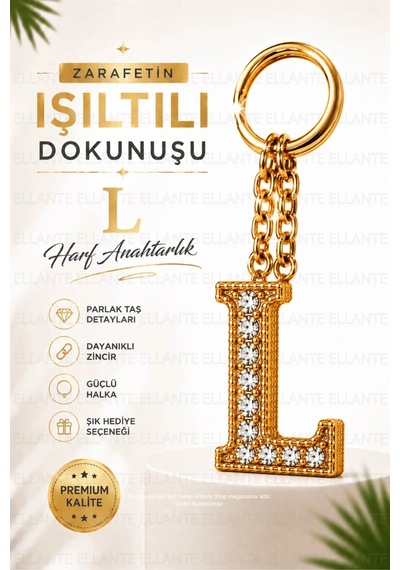 Kişiye Özel Harf Anahtarlık Altın Renk Zirkon Taşlı Şık Çanta Süsü Anahtar Aksesuarı Hediyelik Harf 36131479