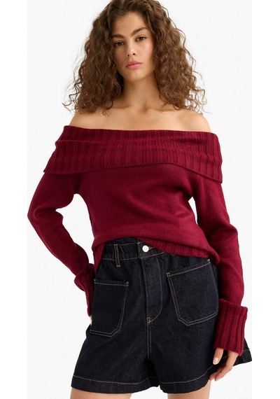Defacto Slim Fit Dar Kesim Açık Omuz Kazak E8345ax25wnbr456 Bordo