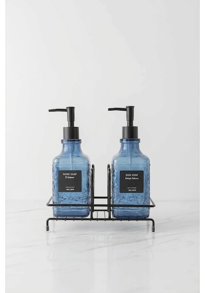 Makri Home Modern Cam Sıvı Sabunluk & Deterjanlık Seti-500 Ml Cam Sabunluk, Metal Stand'lı Siyah