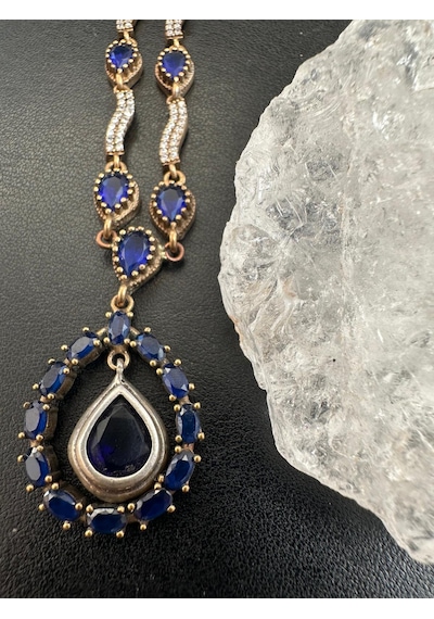 Otantik Safir ve Zirkon Taşlı Gümüş Kolye 925 Ayar 22,55 Gram