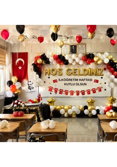 Sınıf Süsleme Seti Gold Folyo Harfler Beyaz Kırmızı Siyah Gold Balonlar Okul Sınıf Pano Süsleme İlköğretim Haftası Kutlama