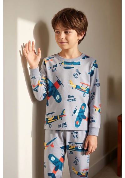 Zuzunga Time To Fly Gri Renk Uçak Desenli Erkek Çocuk Pijama Takımı