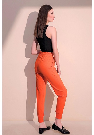Kadın Oranj Rahat Dokulu Kumaş Cepli Beli Lastikli Paça Jogger Spor Pantolon Oranj