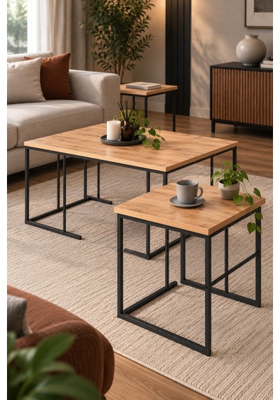 Sulorahome Kahverengi Çam Desenli 3'lü Sehpa Seti Atlantik Çam