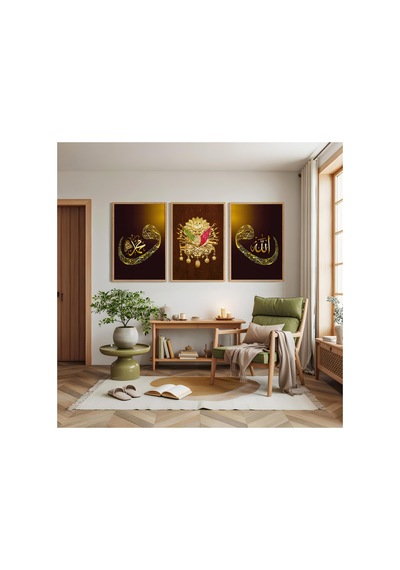 Ahşap Çerçeveli Sarı Renk Modern Üçlü Ahşap Tablo Seti