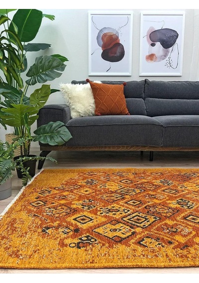 Turuncu Çift Taraflı Modern Vintage Yıkanabilir Antibakteriyel Halı - Yo015btumu