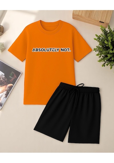Uyguntarz Unisex Kesinlikle Hayır. Tasarım Basklı Tshirt Şort Takımı Turuncu