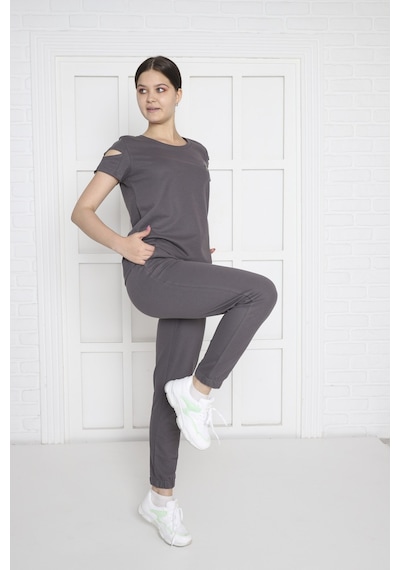 Kadın Spor Füme Alt-Üst T-Shirt Takım-3935 Füme