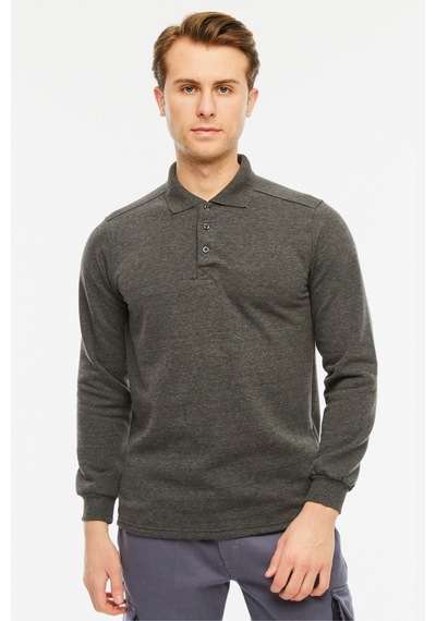 Uniprom Sweatshirt Polo Yaka İçi Polarlı 3 Iplik Pamuklu Normal Kesim Erkek Antrasit