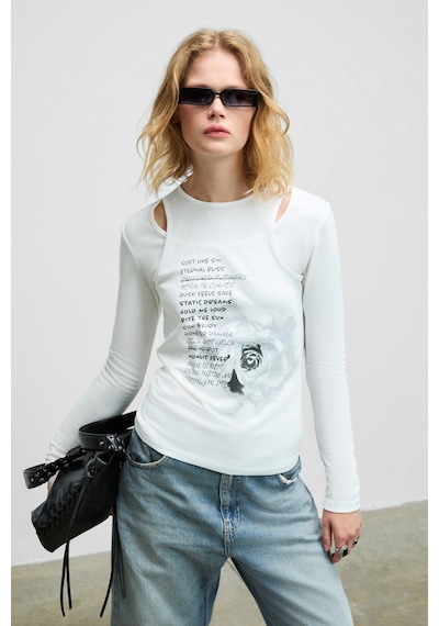 Grımelange Zarabı Kadın Yumuşak Kumaşlı Halter Yakalı Uzun Kollu Beyaz T-shirt Beyaz