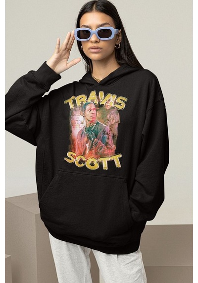 Travis Scott Rapper Baskılı Unisex Oversize Hoodie Siyah