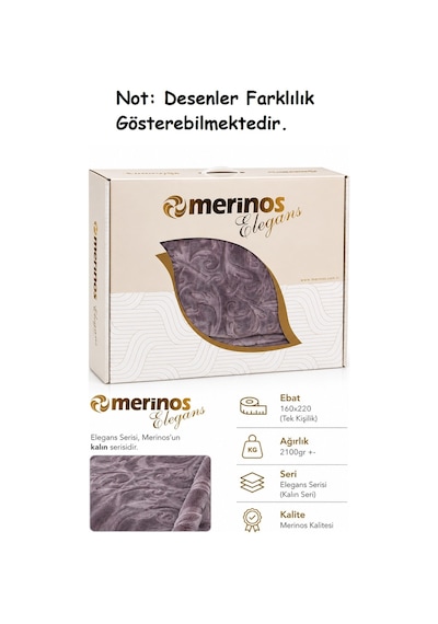 Merinos Elegans Kalın Embos Tek Kişilik Kutulu Battaniye 160x220 - Kül Moru