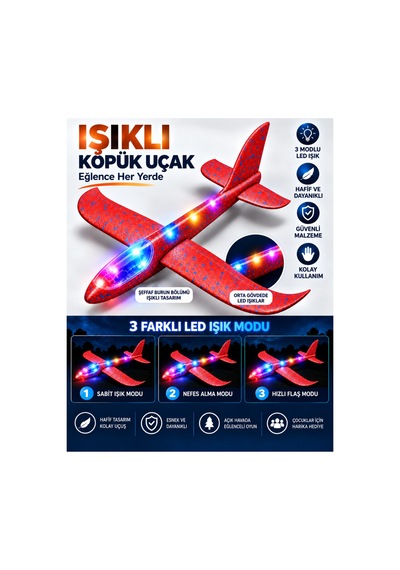 2 Li Led Işıklı Köpük Uçak Seti Kırmızı & Mavi Hafif Dayanıklı Fırlatma Uçağı Açık Hava Oyuncağı - 921732546